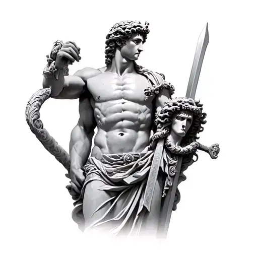 Styalized Marble Statue Of Perseus Holding Medusa's Head In One Hand And A Greek Sword In His Other