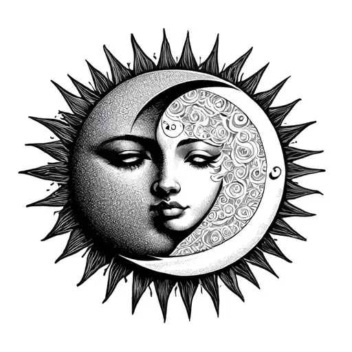 Blackwork Tattoo Design Of The Sun And Crescent Moon Gently Kissing The Sun
