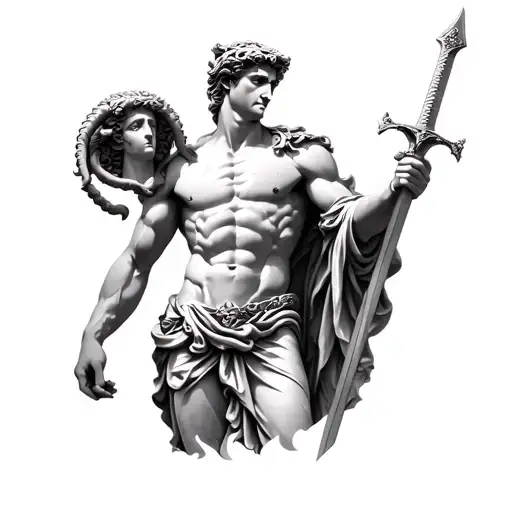 Styalized Marble Statue Of Perseus Holding Medusa's Head In One Hand And A Greek Sword In His Other