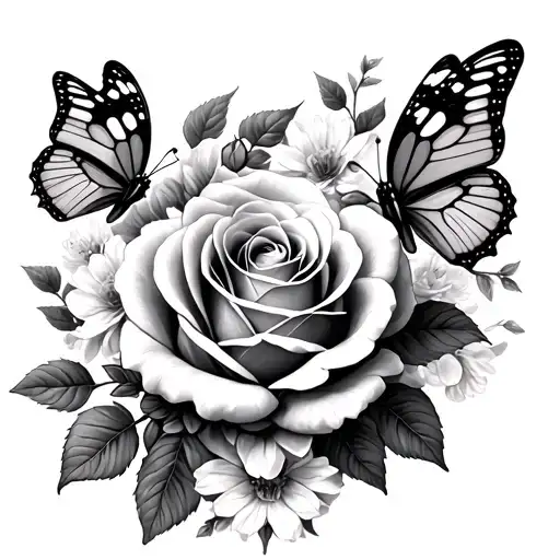 Rose And Honeysuckle With Butterflies Surrounding