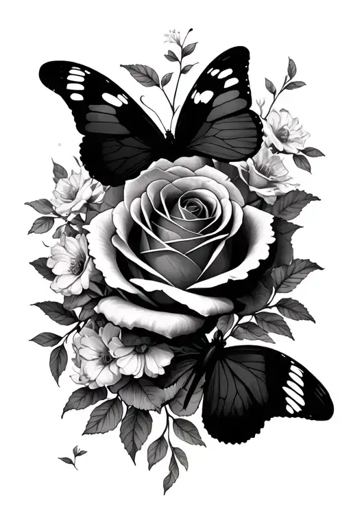 Rose And Honeysuckle With Butterflies Surrounding