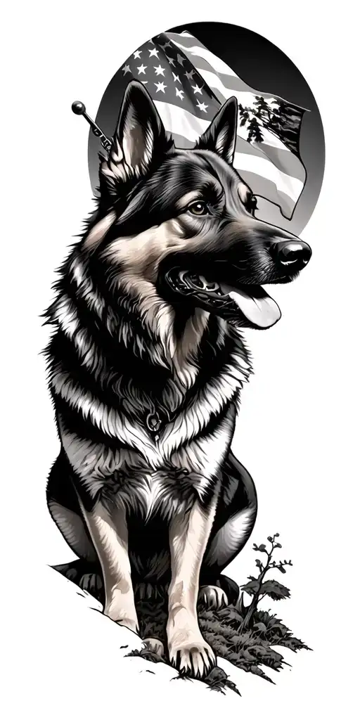 Wilderness Woods And Mountains Incorporate American Flag And German Shepard