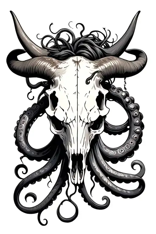 Longhorn Skull With Tentacles Trailing Down From Behind Long