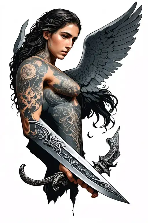 Dagger On Forearm With Micheal Angel On Shoulder Sleeve
