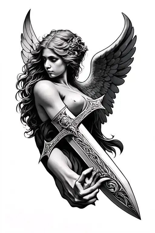 Dagger On Forearm With Micheal Angel On Shoulder Sleeve