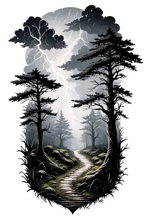 Branching Forest Path With Mist And Thunder Storm Clouds