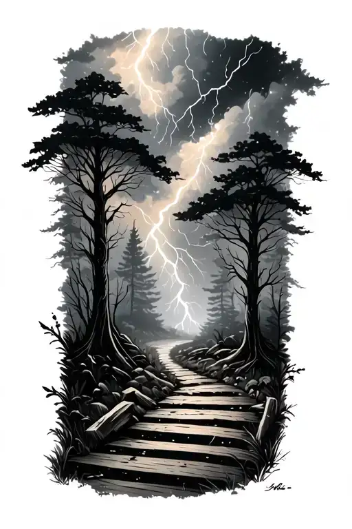 Crossroads Forest Path With Mist And Thunder Storm Clouds