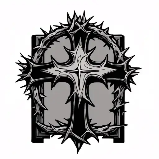 Cross Fineline With A Crown Of Thorns Small Tattoo Outline