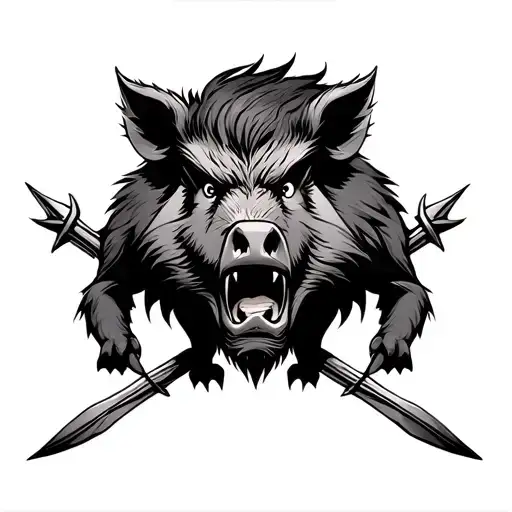 Angry Wild Boar And Spears Crossed