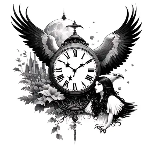 Moon Eagle Woman Clock City Nature