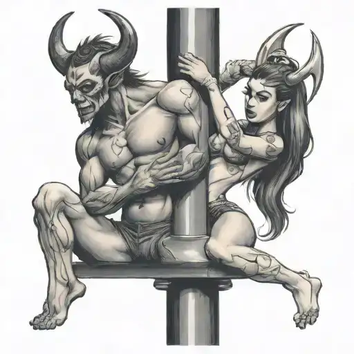 Demon Holding A Stripper Girl Dancing On A Pole