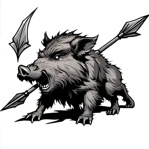 Angry Wild Boar And Spear And Arrows