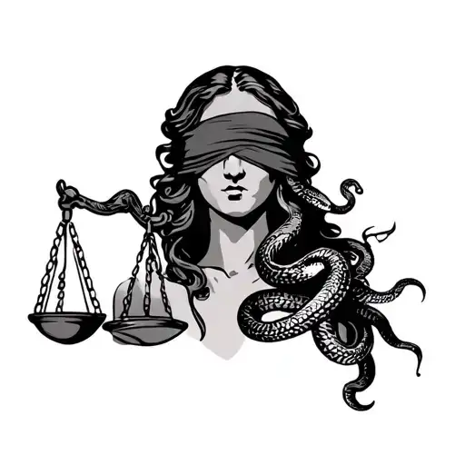 Lady Justice Blindfolded With A Snake Around Her Arm Holding The Scales Of Justice