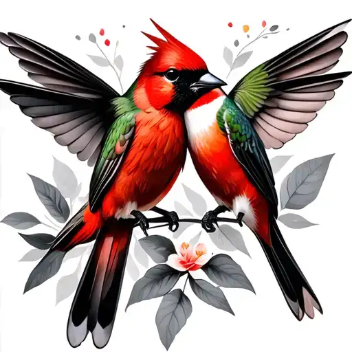 Red Bird And Humming Bird Sitting Together