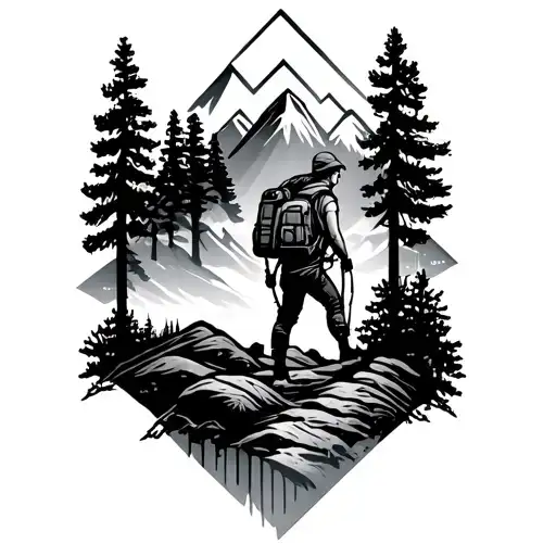 Geometric Armband Tattoo With Nature And Woman Hiker With Mountains And Trees