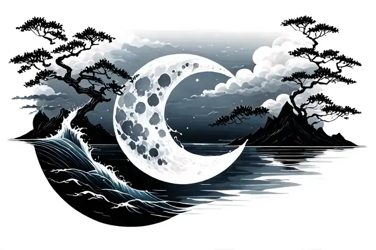 Japanese Style Water And Moon