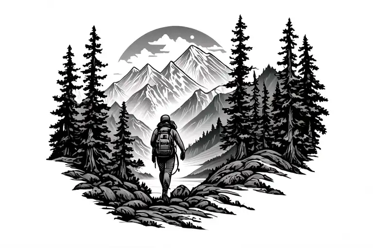 Flowy Wide Armband Tattoo With Nature And Woman Hiker With Mountains And Trees