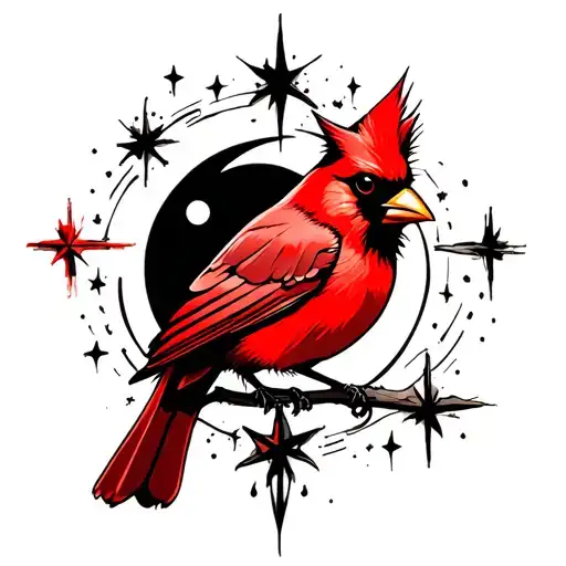 Red Cardinal With Moon And Retro Stars Aim