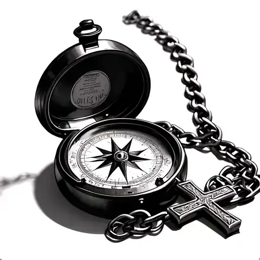Realistic Compass With A Chain Attached To It And At The End Of The Chain Is A Cross
