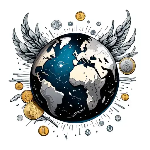 Planet Earth's Tatoo With All The Most Valuable Muedas Synbolos And Highlighting The Euro And Dolare