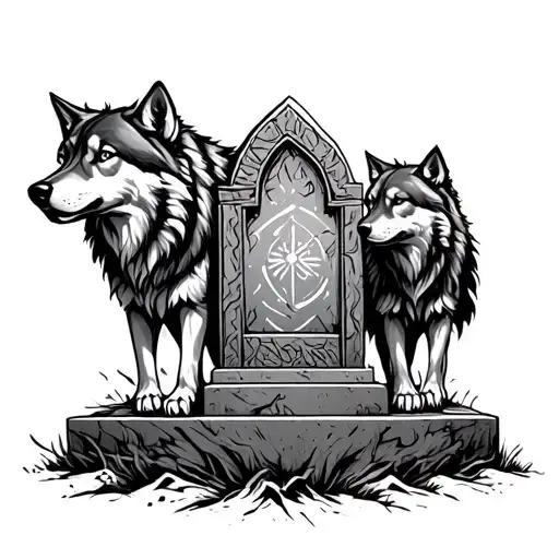 Two Wolves And One Tomb In The Back
