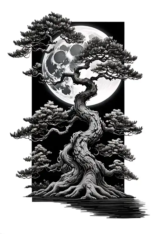 Bonsai Tree With Moon In The Background