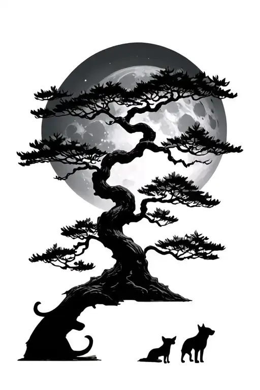 Bonsai Tree With Moon In The Background And The Silhouette Of Two Dogs