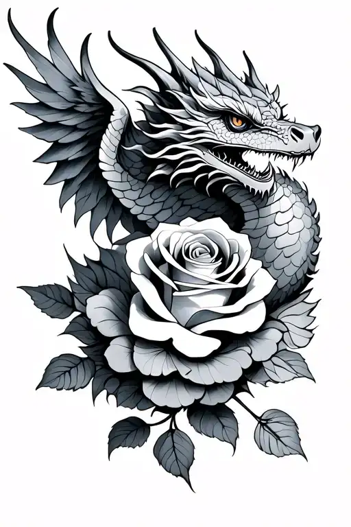 Rose Intertwinned By A Flying Dragon Wrapped