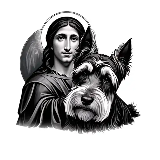 Scottie Dog With A Human With A Halo Above Both Of Them