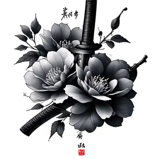 Katana And Sakura Flowers