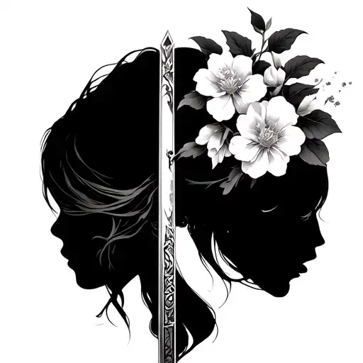 Katana And Sakura Flowers On The Back Along The Shoulder Blades
