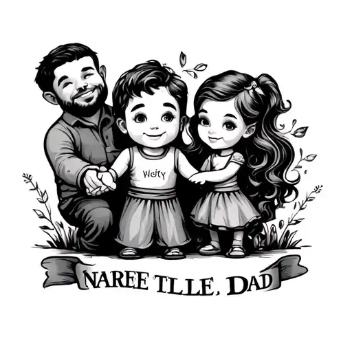 Dad With Talle Boy And Smaller Girl Holding Hands And Places For Names And Decoration Around It