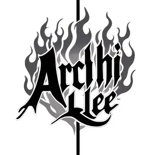 Archi Lee Written In Script Font With Flames Around It Vertically On Shin