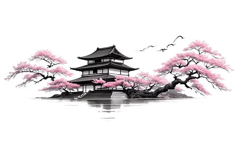 Temple Avec Des Sakuras Flowers In The Wind