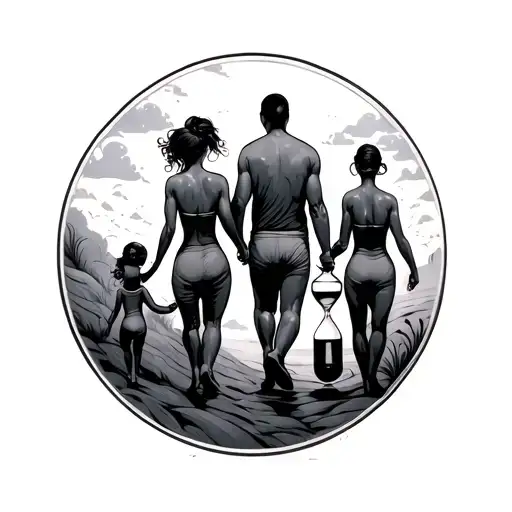 Hourglass And Family Of Four Walking Hand In Hand