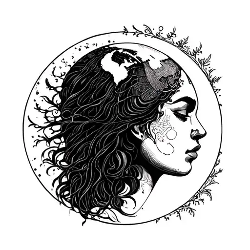 Gaia Goddess Minimalist Fine Line Drawing Globe Woman Illustration