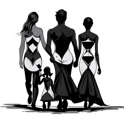 Hourglass And Family Of Four Walking Hand In Hand