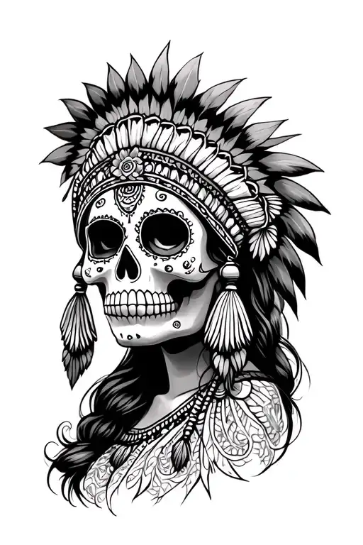Sugar Skull Wearing Indian Headdress Feminine