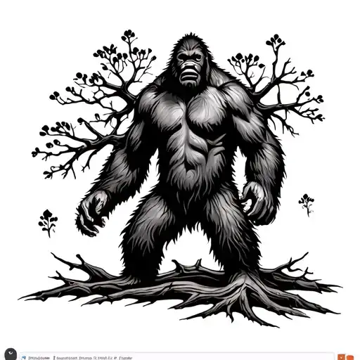 An Intricate Design Of Tree Branches Forming The Outline Of Bigfoot In A Black-grey Style