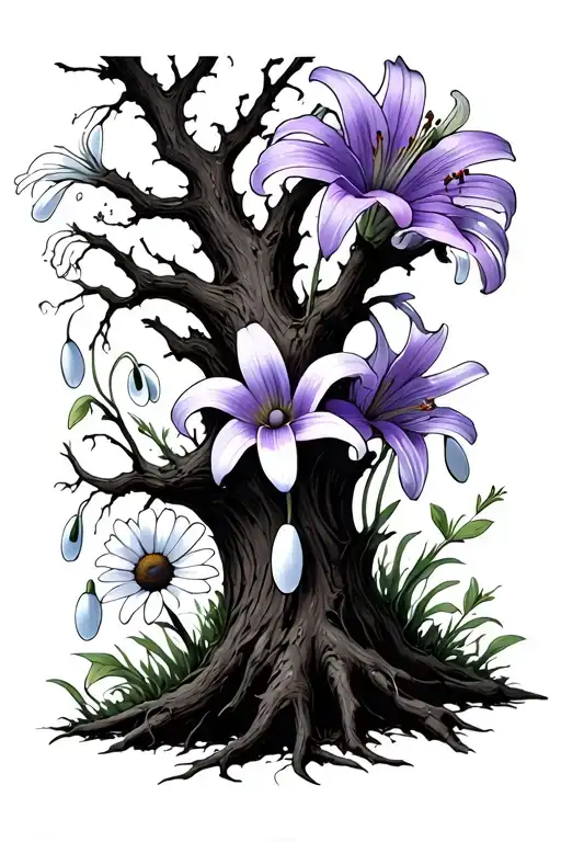 Dead Tree With Lily Violet Daisy And Snowdrop