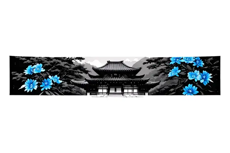 Japanese Temple With Blue Flowers