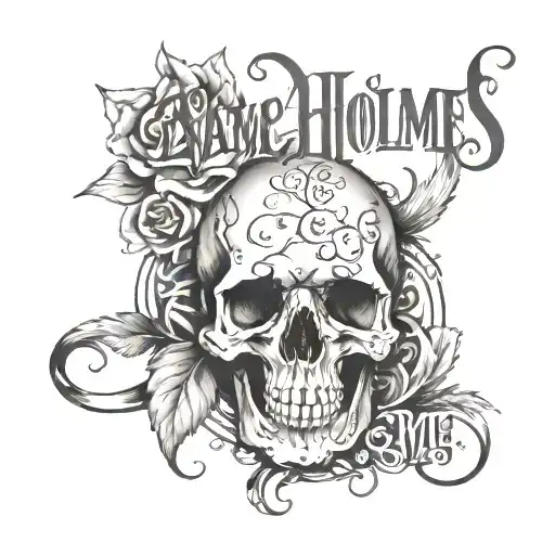Name Holmes Written In Old Cursive Writing With Skulls Around It