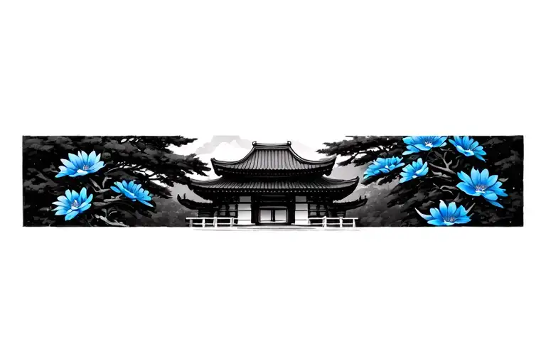 Japanese Temple With Blue Flowers