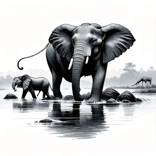 River With Elephants Drinking The Water And A Lion Walking Past
