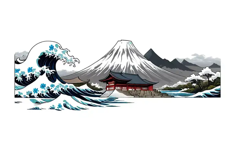 Temple Japanese With Blue Flowers And Mont Fuji And The Great Wave Off Kanagawa
