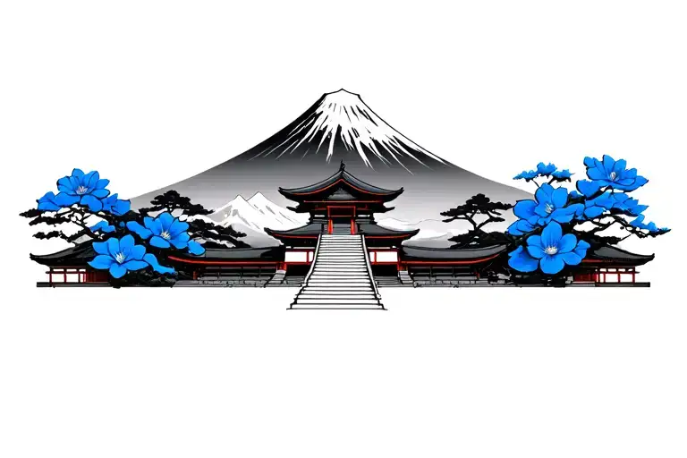 Temple Japanese With Blue Flowers And Mont Fuji