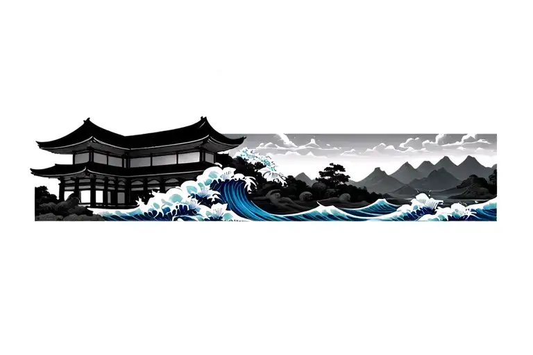 Japanese Temple With Blue Flowers And Waves