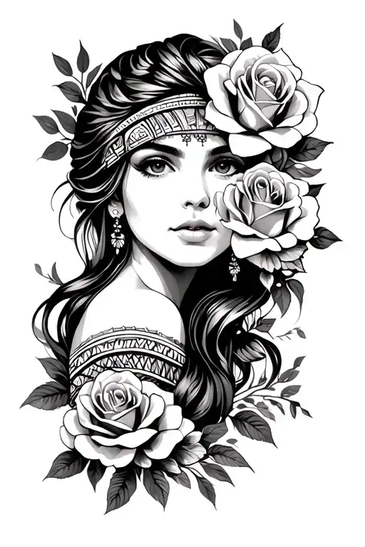 Beautiful Girl With Roses And Aztec Symbols