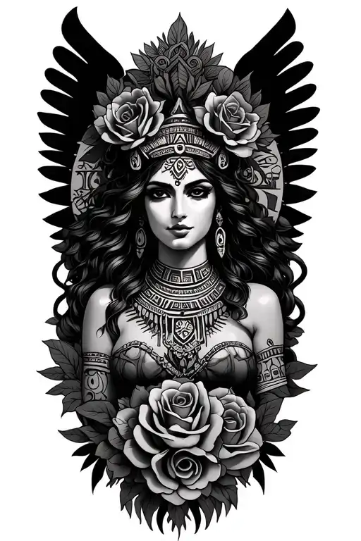 Godess With Roses And Aztec Symbols Incorporated