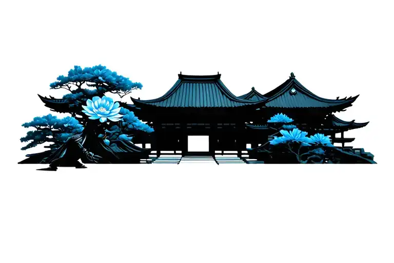 Japanese Temple With Blue Flowers And Samurai Warrior